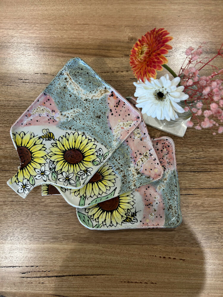 Sunflower and Bee Serving Platter (Pink and Blue)