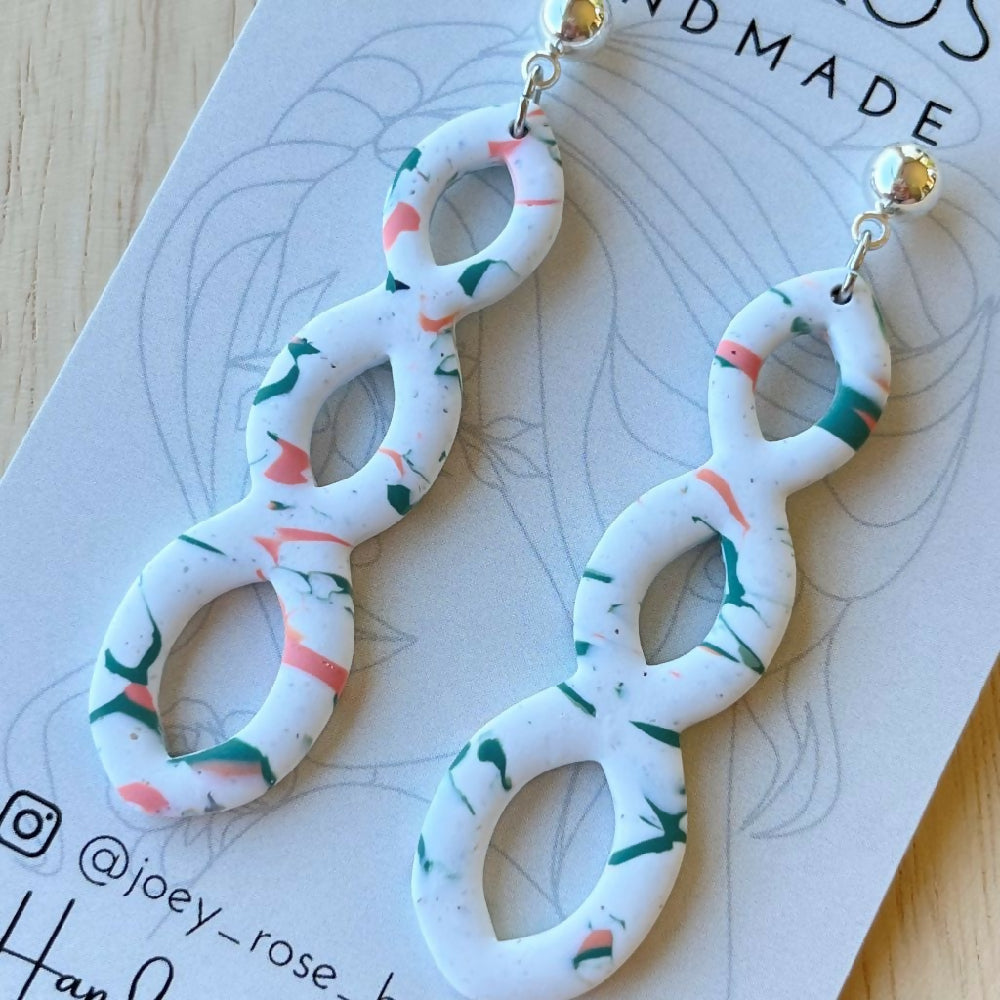 HANNAH ~ Green & Peach Marbled Print ~ Polymer Clay Earrings