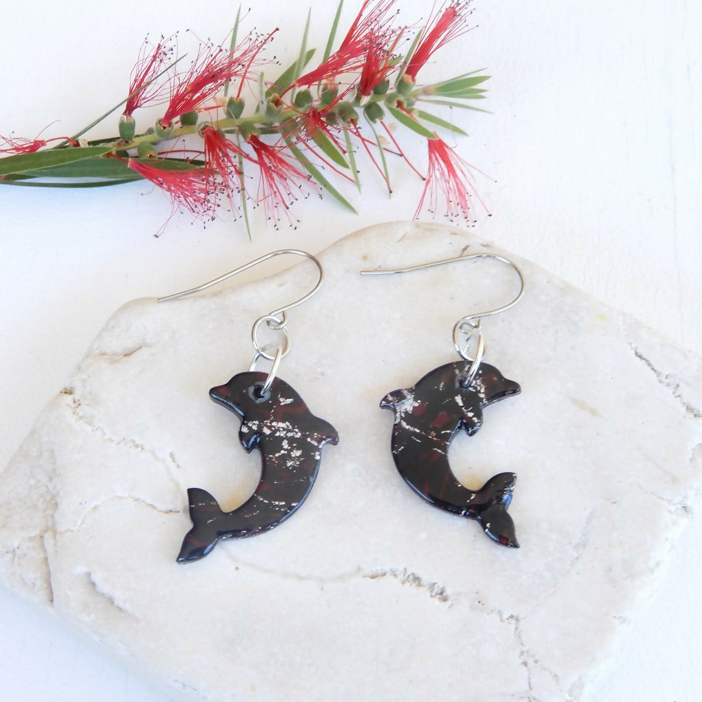 Black & Silver Polymer Clay Earrings "Silver Fire" Dolphins