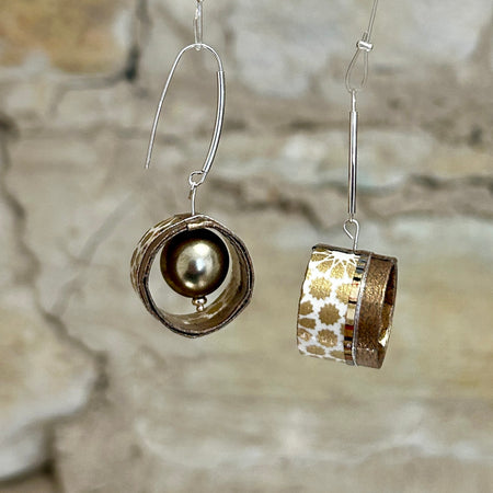 Round Floral Washi Paper Earrings Gold White Silver - L5cm