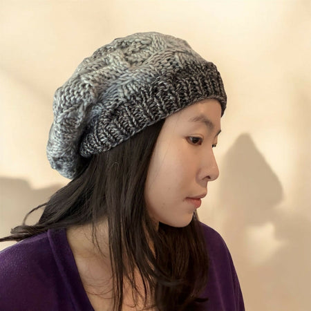 Cable Hand Knit Slouchy Beanie in ombre grey mix