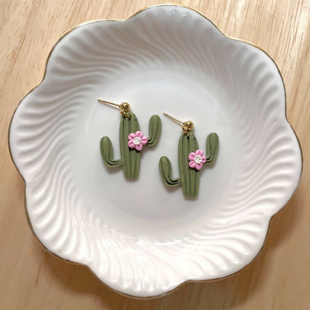 Polymer Clay Earrings - Cactus with Pink Flower