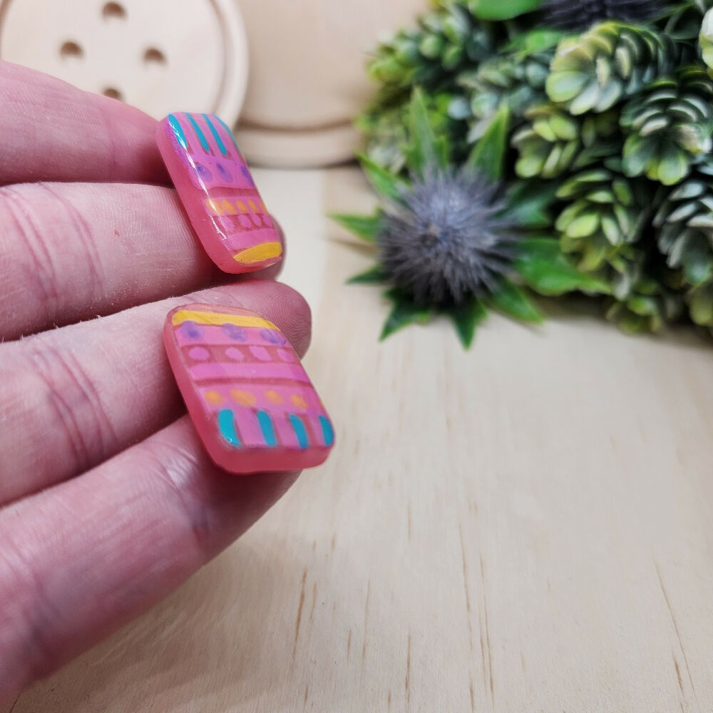 Stud Earrings Handpainted Rectangle Pink Stripes and Spots Resin