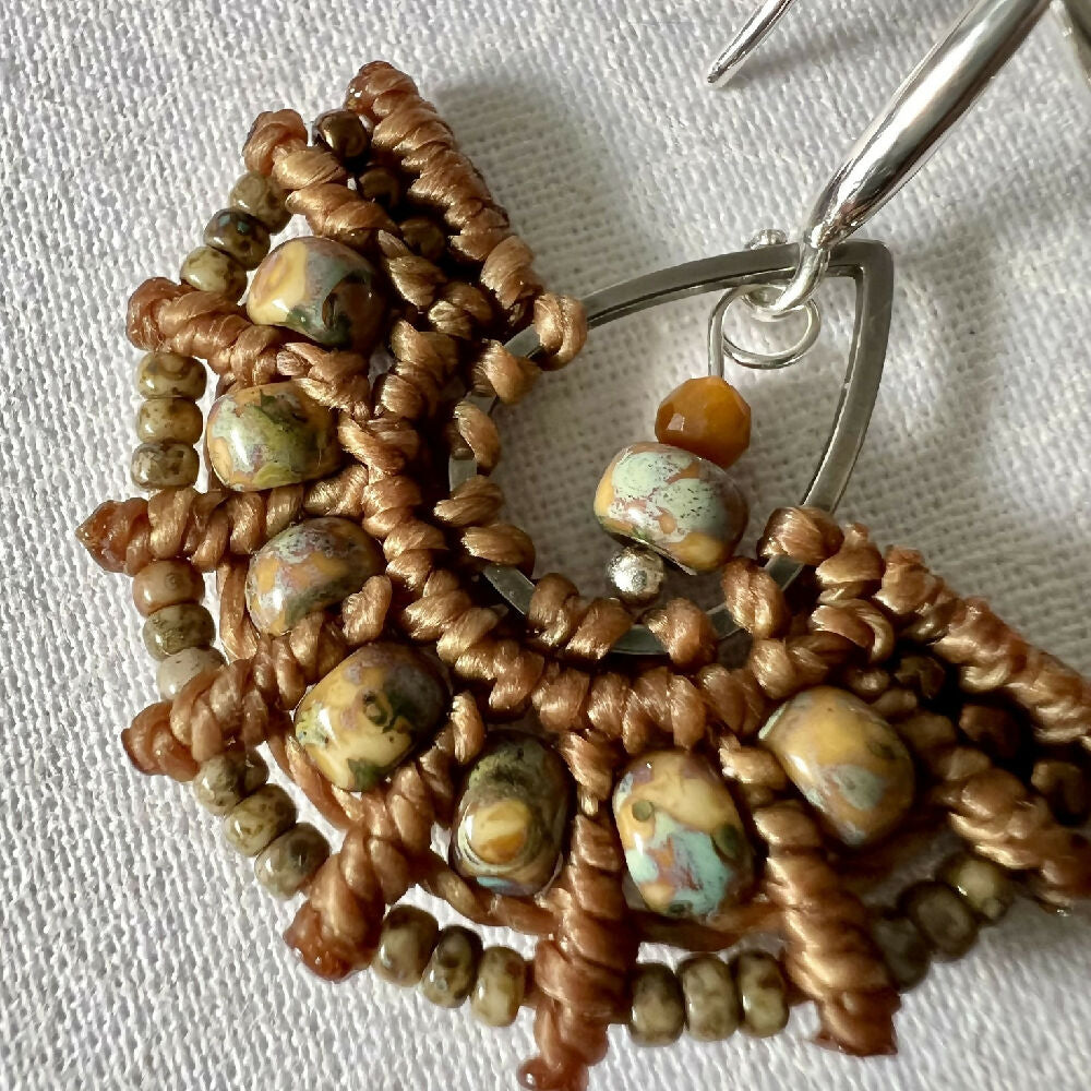 Brown Micro Macrame Earrings - Brown Miyuki +Free Microfibre Pouch