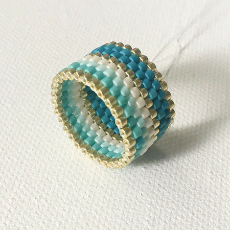 Peyote beaded turquoise ring, white and gold