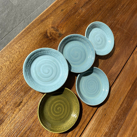 Set Of Five Blue And Green Crafted Ceramic Trinket Dishes 12 cm Diameter