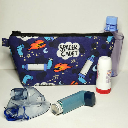 Asthma Puffer Pouch, size XL, Dark Blue with a flaming Spacer Cadet Theme