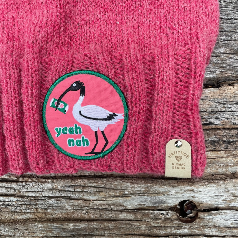 HATITUDE Pink Handknitted beanie with “Yea Nah” Patch