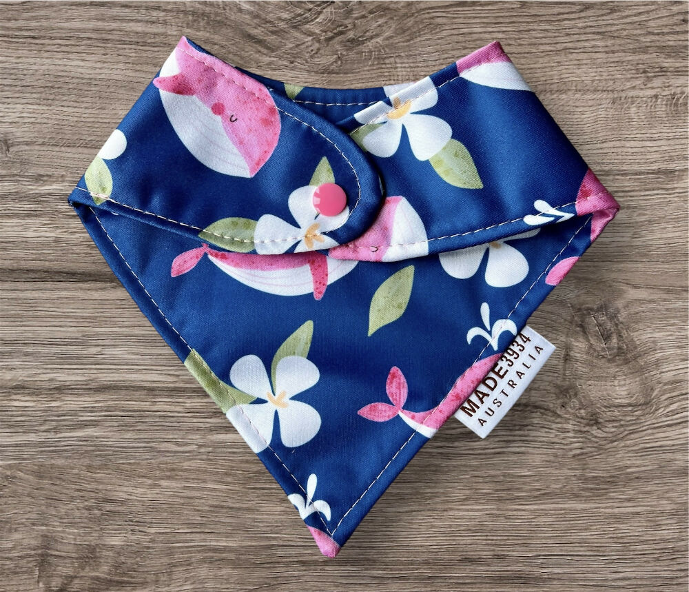 Bandana Style Waterproof Bib - Pink Whale on Blue Background