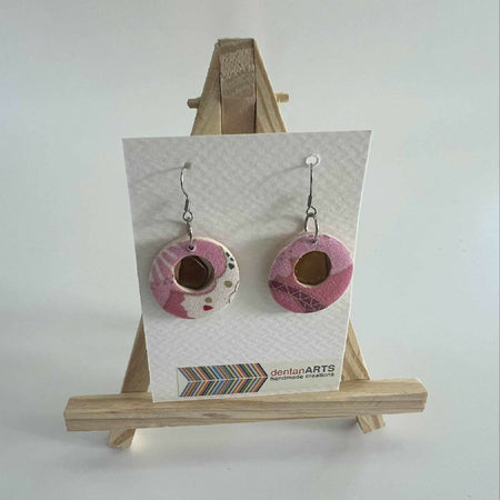 Hikari Woodglass Jewelry Series : Japanese Fabric Wooden Earrings with Sea Glass (Small for Elegance)