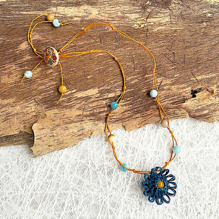 Necklace Knotted Gemstone Beads Flower Pendant Orange Blue