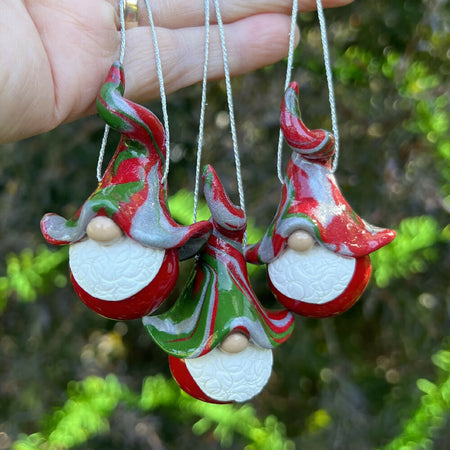 Gnome Christmas baubles trio - red, silver, green (red bottoms)