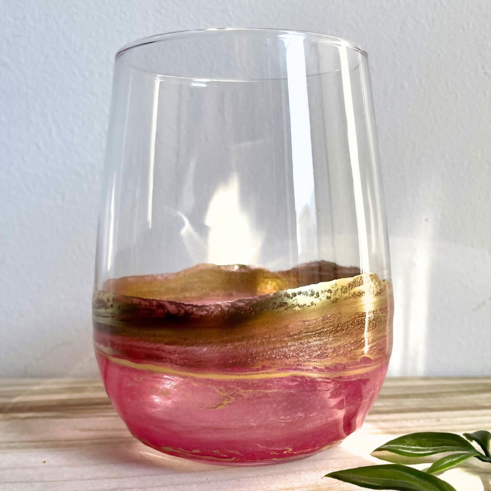 Pink and Gold Stemless Wine Glass