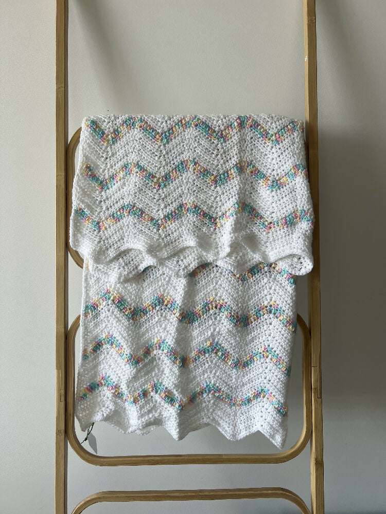 Baby Blanket | Handmade Crochet | Ripple Rainbow and White