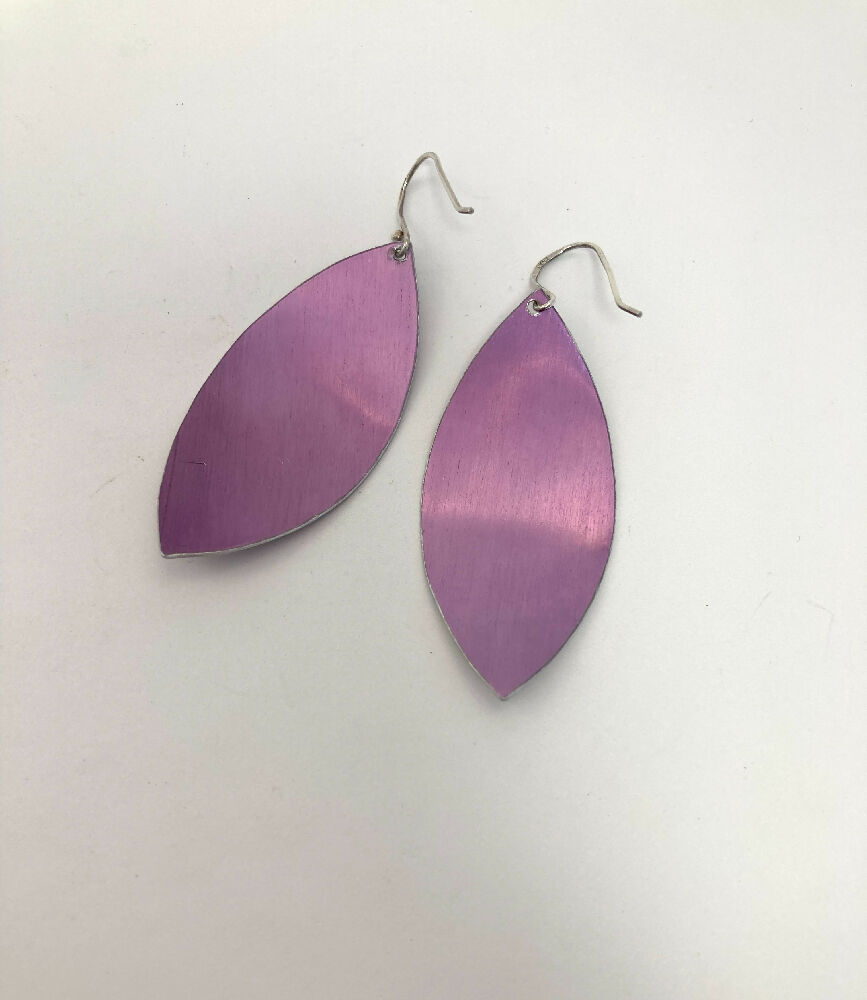 Printed and dyed purple anodised aluminium earrings