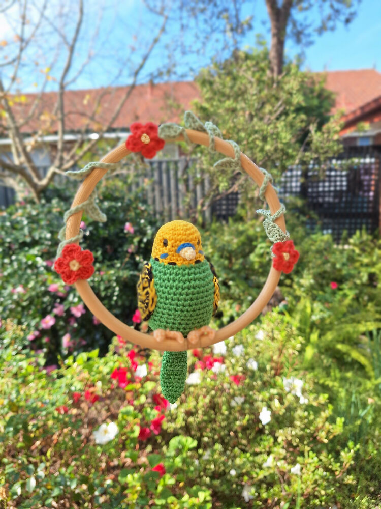 Hand made green budgie in a hoop, room decoration