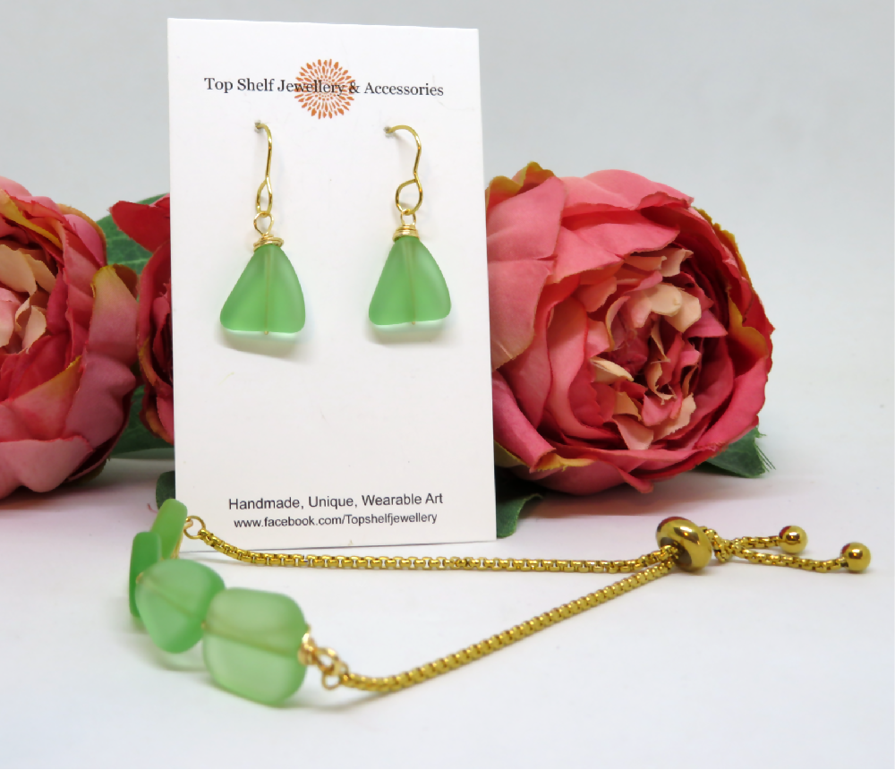 Green Cultured Sea Glass Wire Wrapped Slider Bracelet and Earring Set