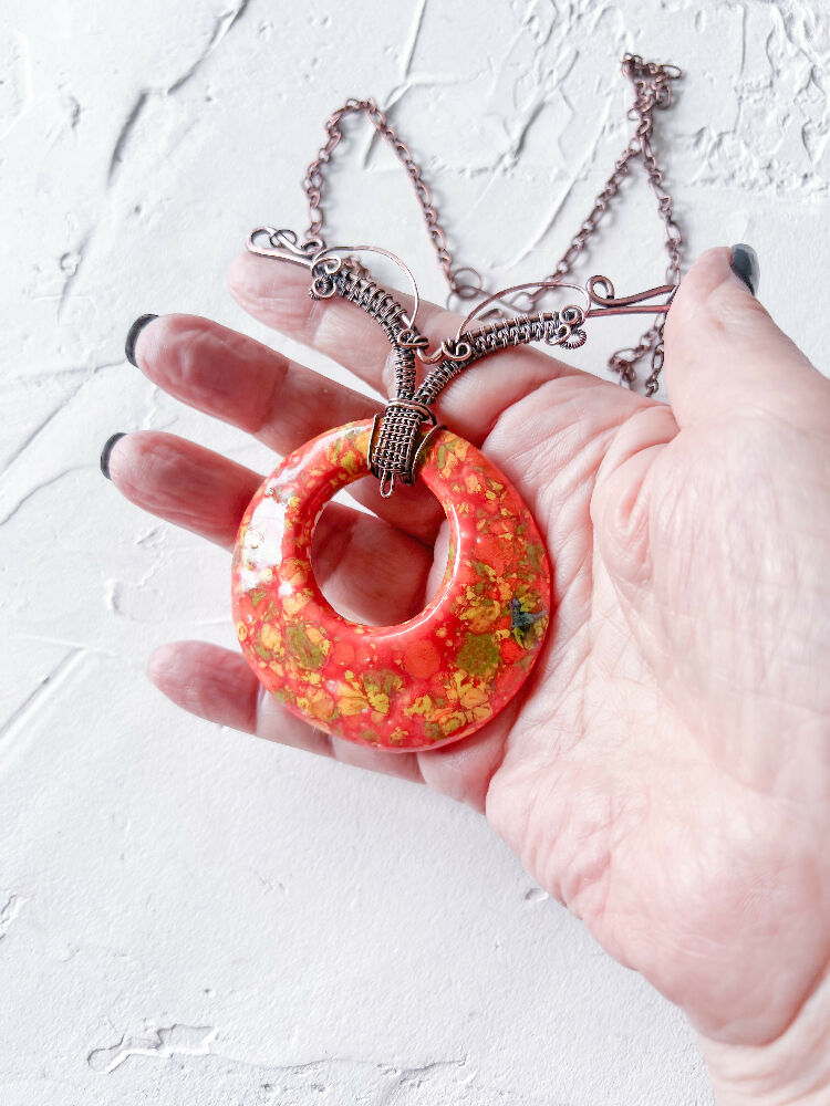 Handmade Orange and Yellow Glaze Ceramic and Copper Boho Pendant