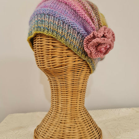 Handknitted Cloche Hat/Beanie with Pink Flower