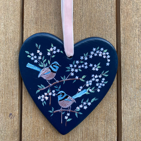 Hand-Painted Ceramic Heart Decoration - Fairywren Pair