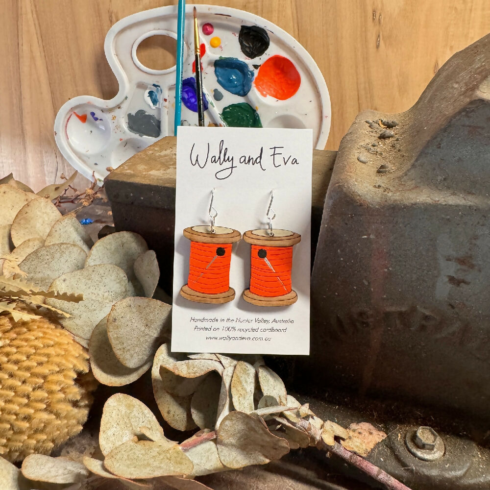 wally-and-eva-australian-hand-painted-wood-and-sterling-silver-orange-cotton-reel-earrings-5