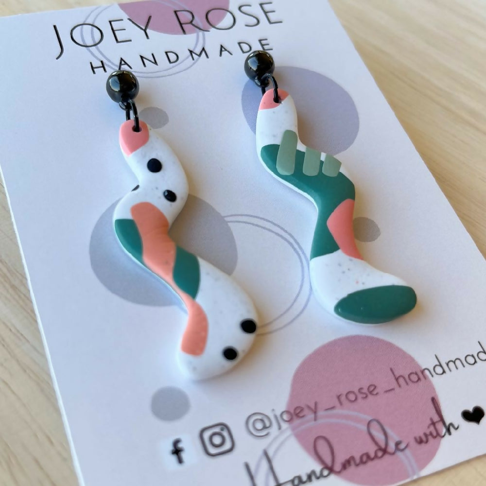 AMY ~ Green & Peach Abstract Print ~ Polymer Clay Earrings