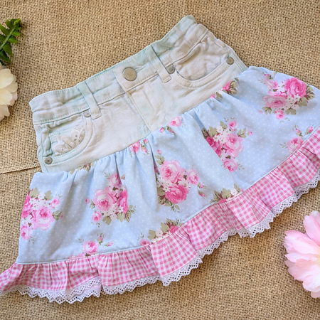 Girls Skirt Upcycled Denim Pink Posies and Gingham Size 2-3