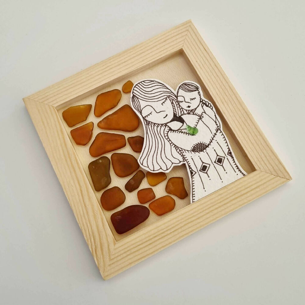 Sea Glass Series : Beautiful Mum with her Baby Original Art with Sea Glass