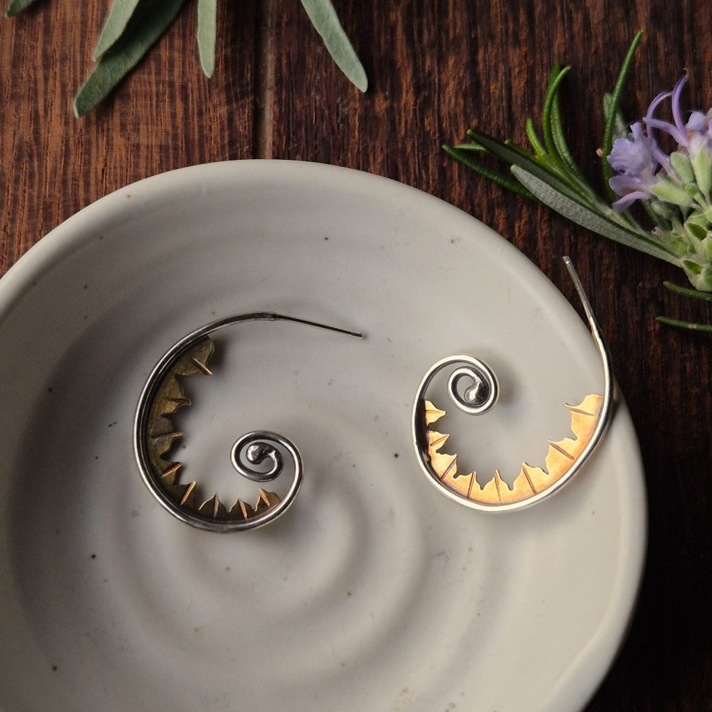 Fiddlehead Hoop Earrings in Sterling Silver and Brass