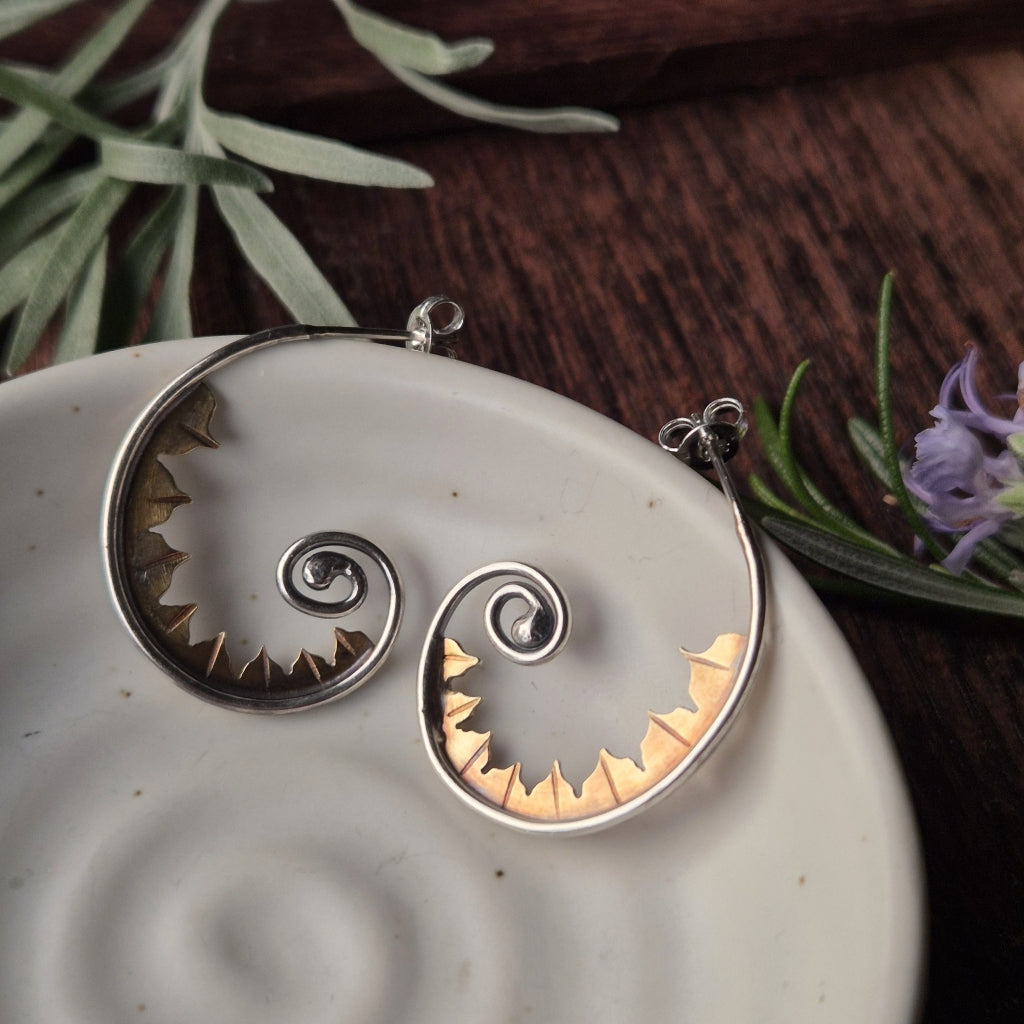 Fiddlehead Hoop Earrings in Sterling Silver and Brass