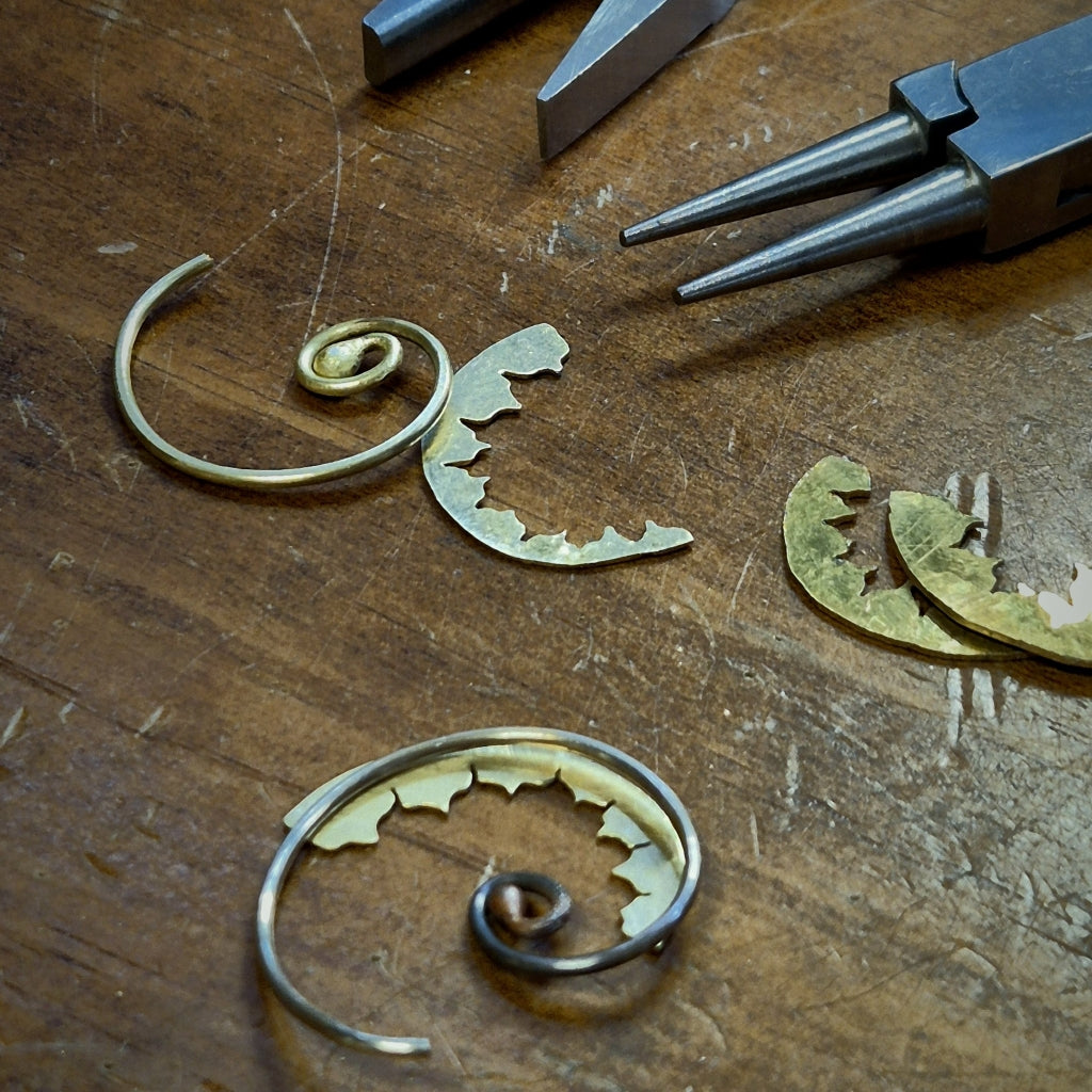 Fiddlehead Hoop Earrings in Sterling Silver and Brass