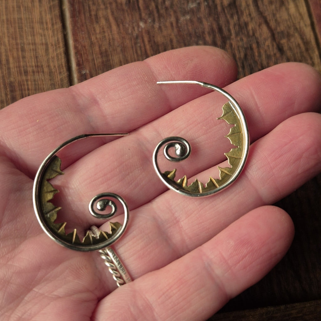 Fiddlehead Hoop Earrings in Sterling Silver and Brass