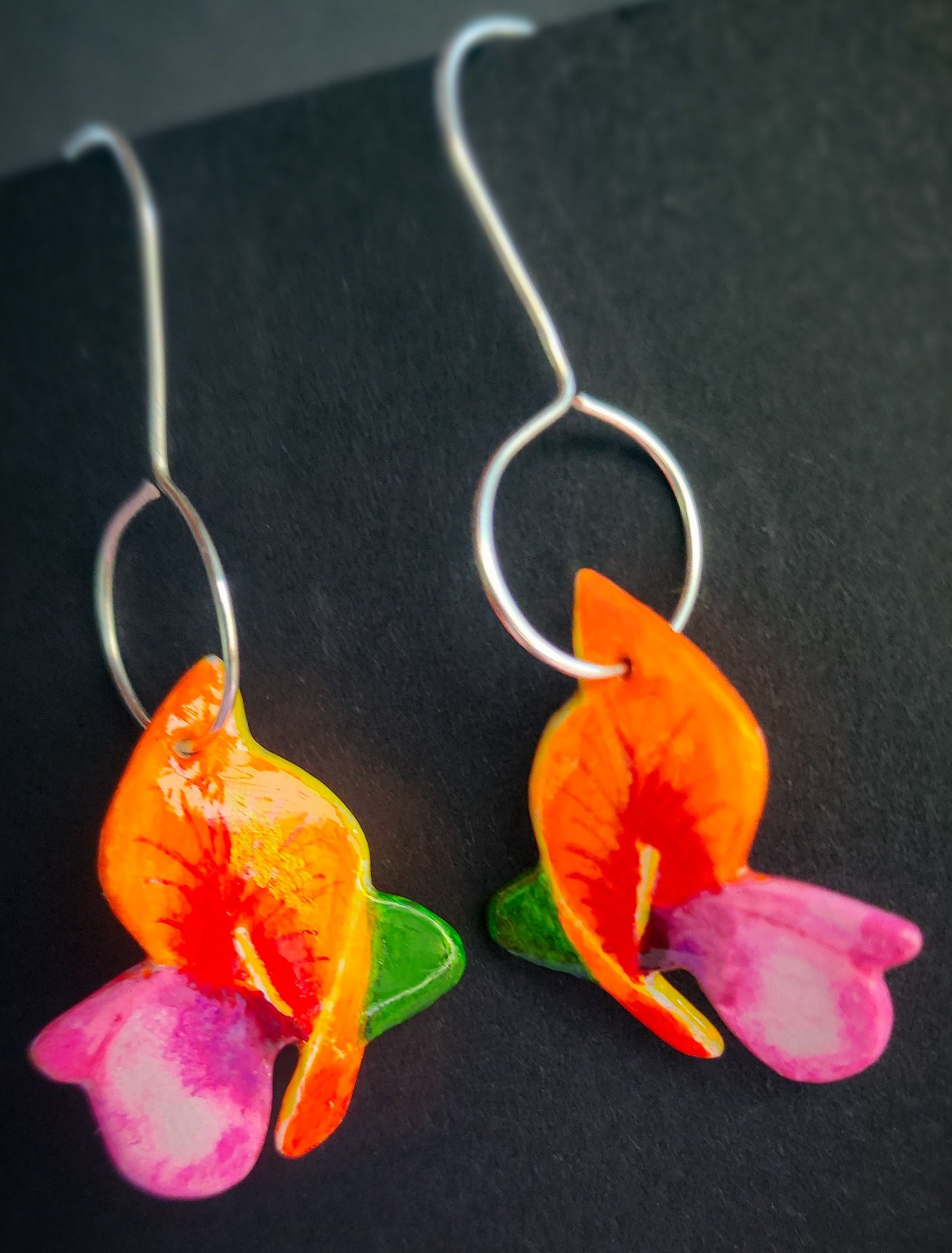 Flame pea flower earrings, native Australian flora, handpainted, handcarved, silver earrings, long drop earrings