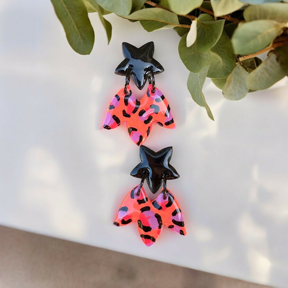 Orange Leopard Star Dangle Earrings