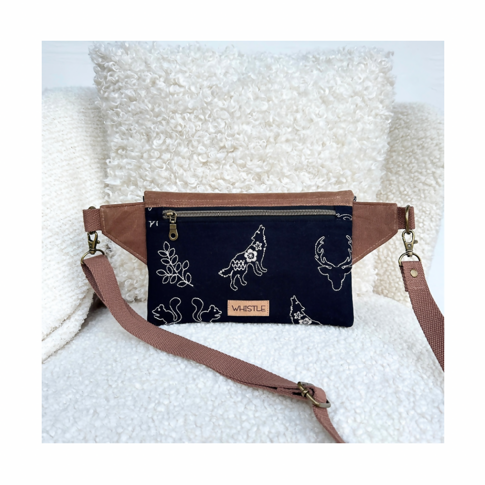 Haralson Belt Crossbody Bag - Embroidered Animals on Black