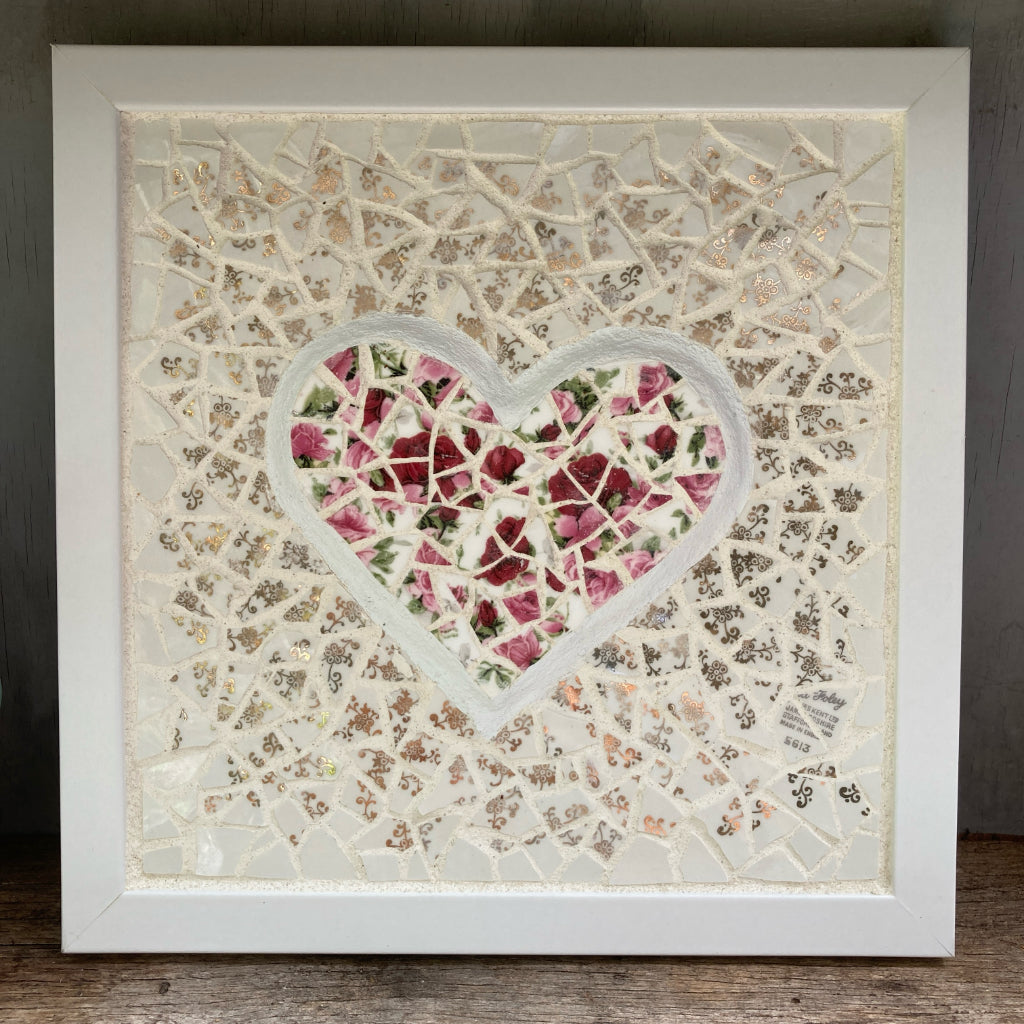 Upcycled Mosaic Art - Framed Heart - Roses
