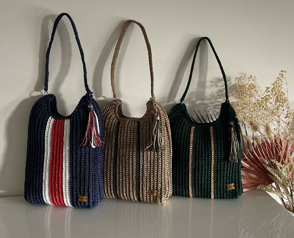 Crochet Stripe Bag, Lightweight Shoulder Strap, Tassel, Navy-White-Red or Green-Gold