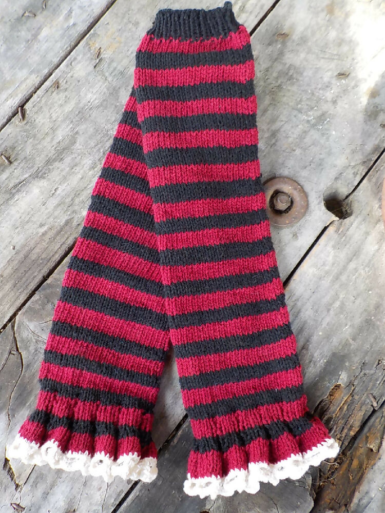 striped legwarmers pure wool burgundy and black