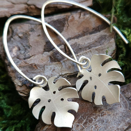 Sterling silver Monstera dangles in matte finish