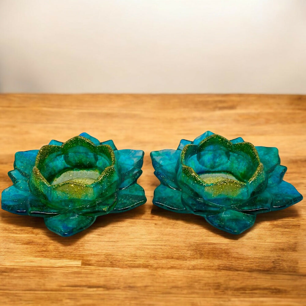 Aqua and gold lotus flower tea lights