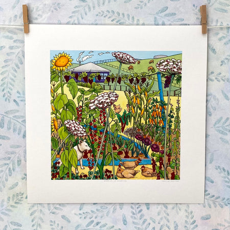 Sleepy Dog and Chickens in Garden - Art Print (S21-soak)