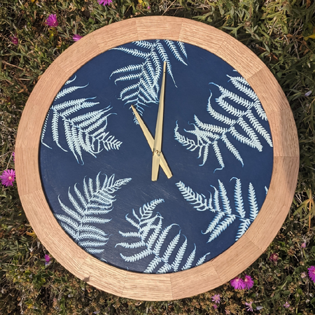 Australian Flora Wall Clock - Tasmanian Oak Frame - Fern Leaf Spiral Cyanotype