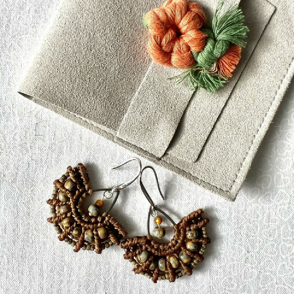 Brown Micro Macrame Earrings - Brown Miyuki +Free Microfibre Pouch