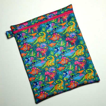 Medium Wet Bag, Green with colourful dinosaurs