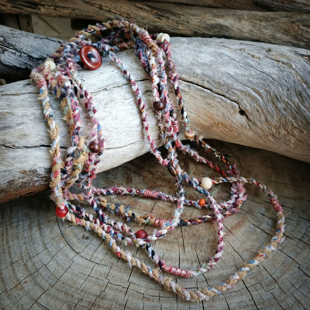 Extra Long Boho Necklace - upcycled fabric & beads - earthy