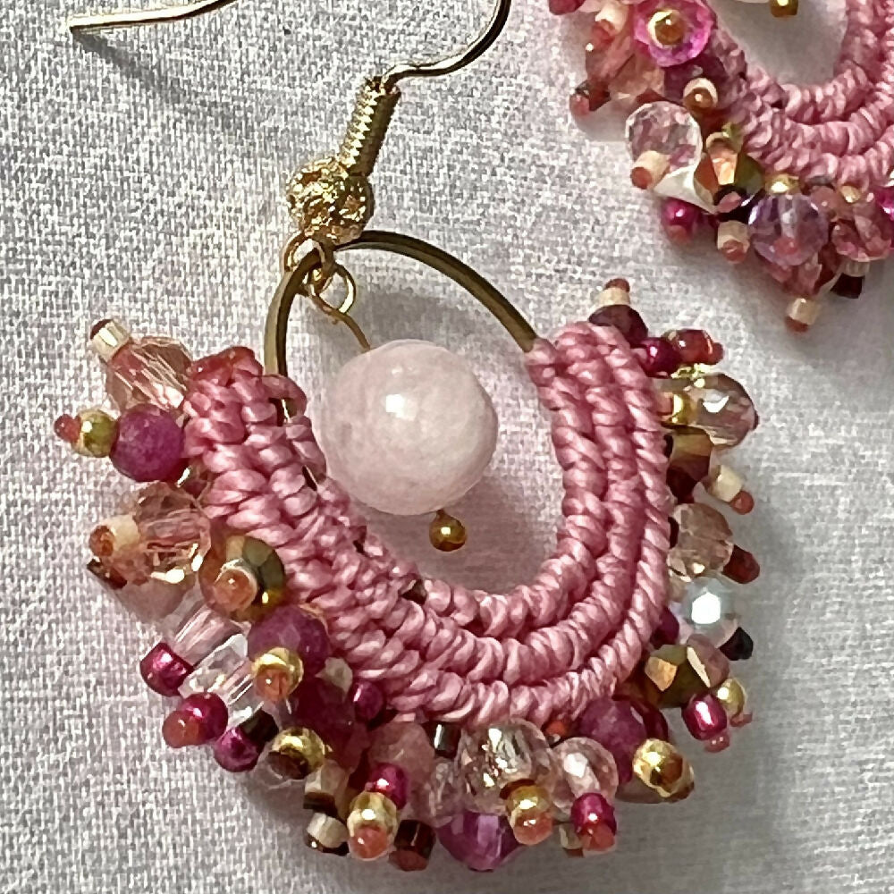 Pink Shades Micro Macrame Earrings gemstone +Free Microfiber Pouch