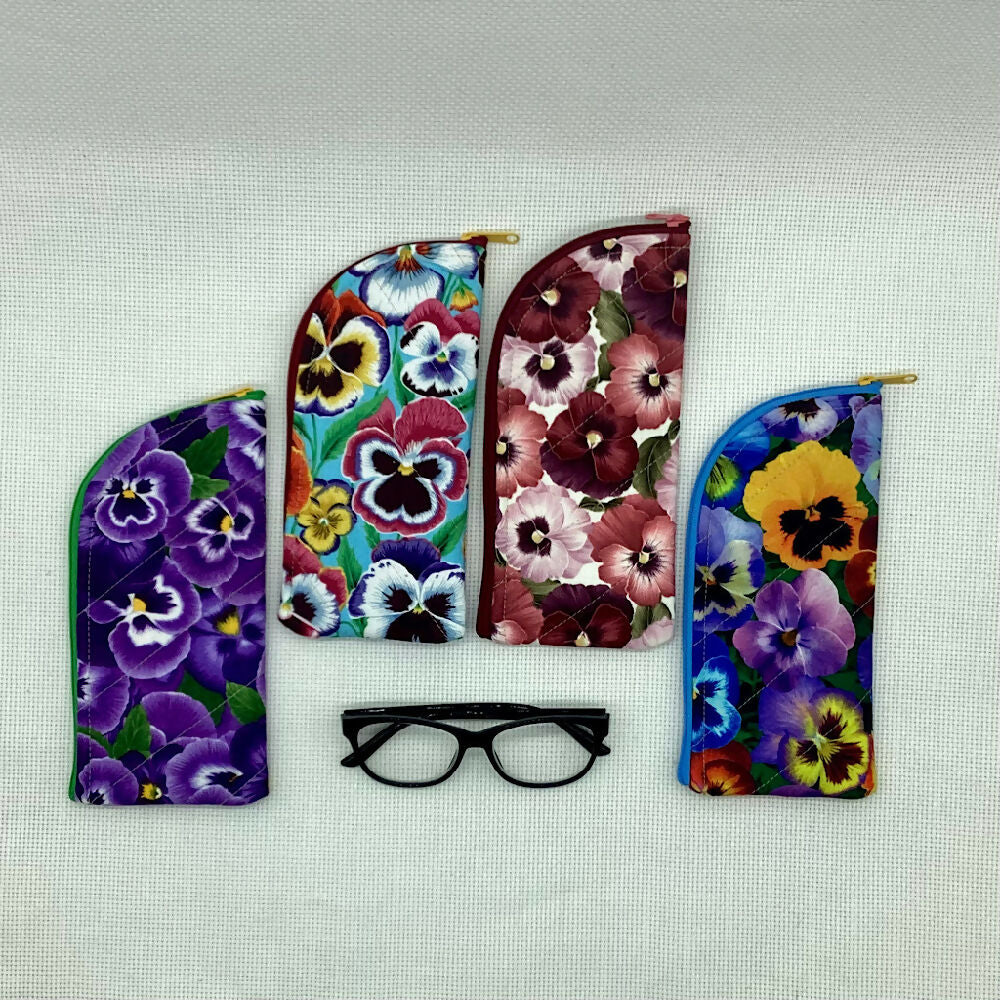 Pansies curved top zip pouch for glasses, phones, handbag organiser, etc.
