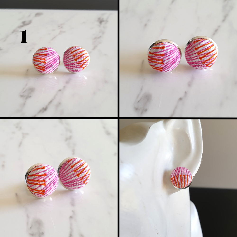 1.4cm Round Colourful Line cotton fabric Silver colour Cabochon stud earrings