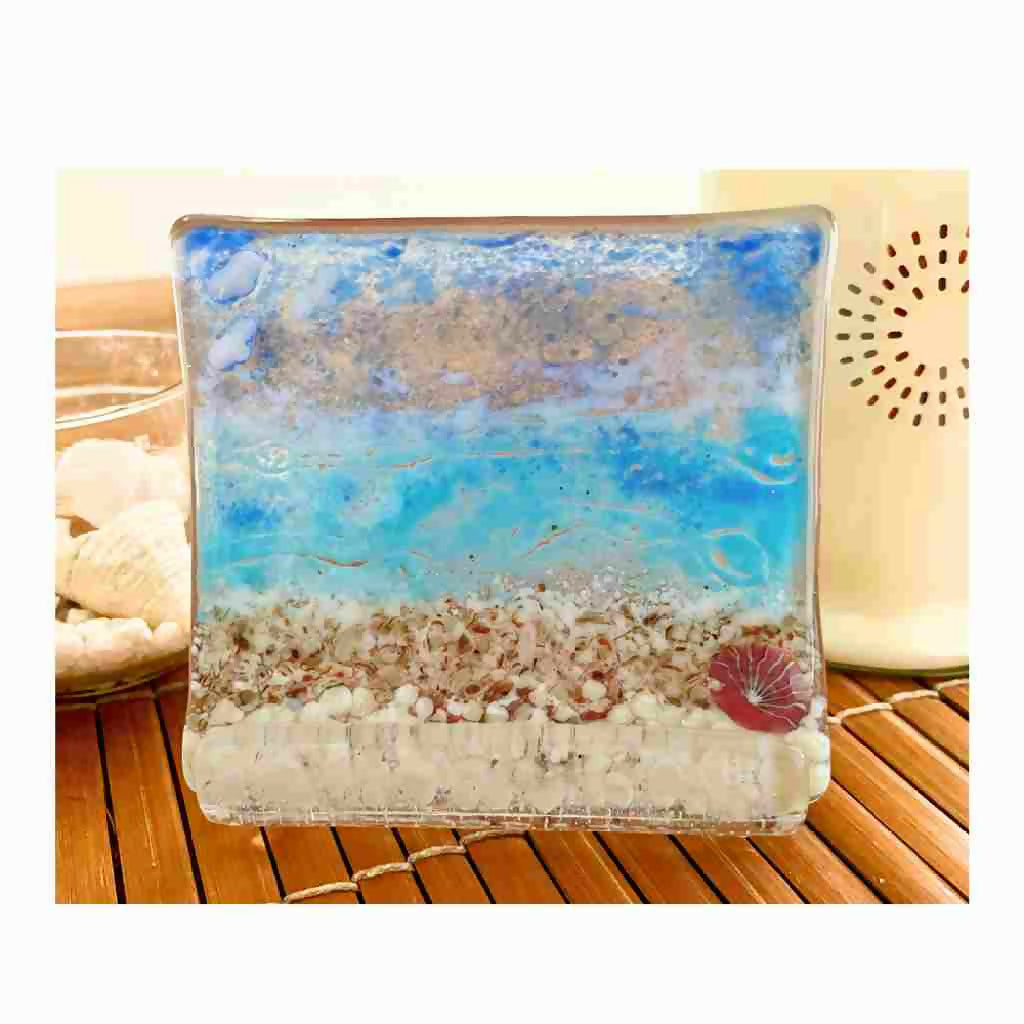 Stunning Fused Glass free standing Beach Scene Picture