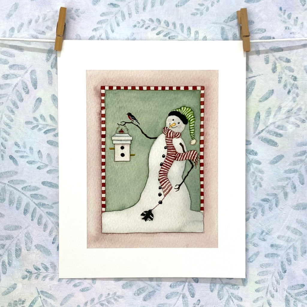 Kind Snowman with Bird Friends - Unframed Art Print (r14-cold)